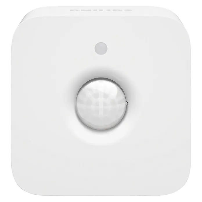 Philips Hue Bewegungsmelder - Weiß, L x B x H: 2 x 5,5 x 5,5 cm - Nahaufnahme eines Philips Hue Bewegungssensors mit abgerundeten Ecken und einer mittigen Linse.
