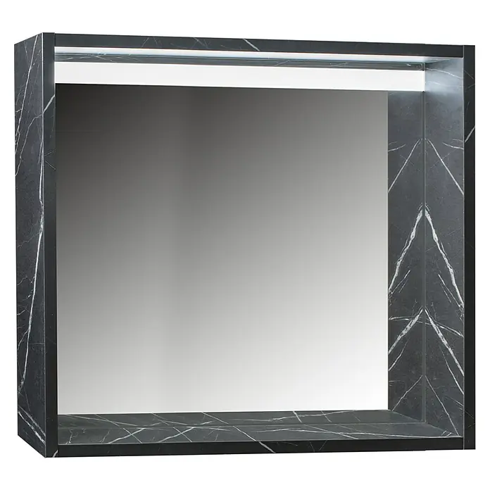 Camargue Espejo con luz Low - 80 x 60 cm, Marquina - Espejo de baño moderno con marco de mármol e iluminación integrada. El diseño elegante mejora cualquier baño.
