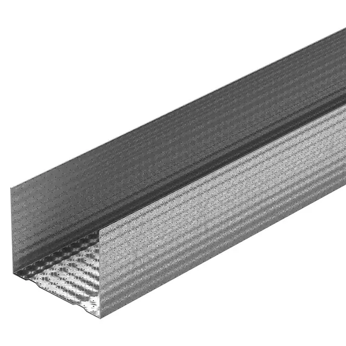 Knauf UW-Rahmenprofil - 4.000 x 75 x 40 mm, Stahl - Nahaufnahme eines C-Profils aus Metall, das für Bauarbeiten geeignet ist. Das Metallprofil ist mit kleinen Löchern versehen und hat eine glänzende Oberfläche.