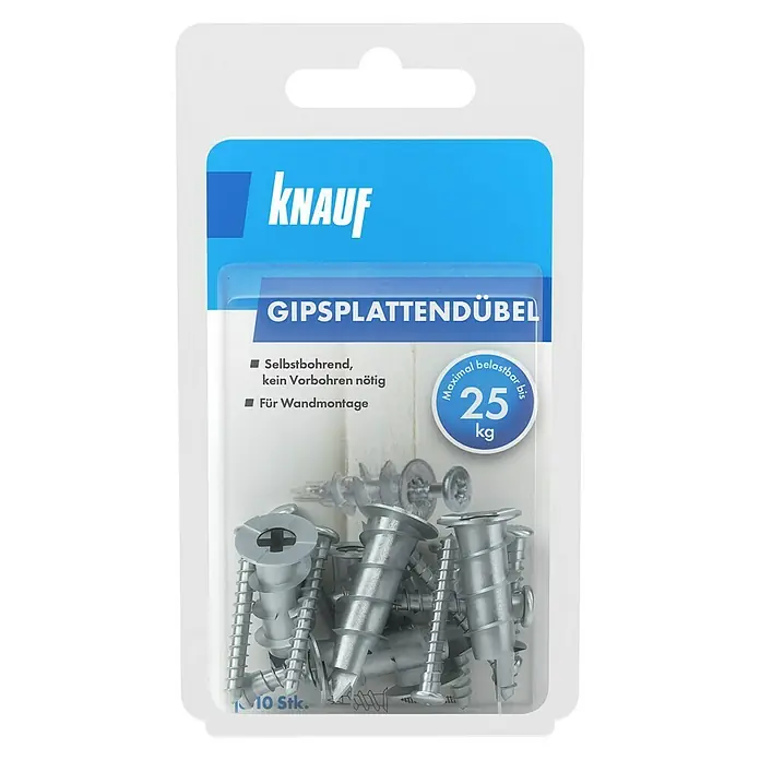 Knauf Gipsplatten Metalldübel - Länge Dübel: 37 mm, Länge Schraube: 35 mm - Verpackung mit Knauf-Gipsplattendübeln, selbstbohrend und für Wandmontage, maximale Belastbarkeit bis 25 kg, 10 Stück.