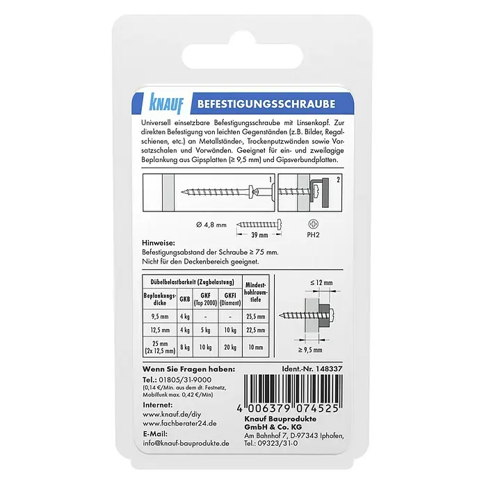 Knauf Befestigungsschraube - Länge: 35 mm, 20 Stk., Durchmesser Kopf: 4,8 mm - Knauf Befestigungsschraube Verpackungsrückseite mit Montagehinweisen, Dübelbelastbarkeit und Kontaktdaten.