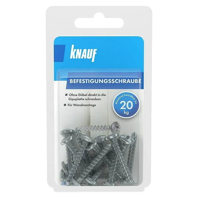 Knauf Befestigungsschraube - Länge: 35 mm, 20 Stk., Durchmesser Kopf: 4,8 mm - Bild einer Packung Knauf-Befestigungsschrauben für Gipskartonplatten, geeignet für Wandmontage und bis 20 kg belastbar.