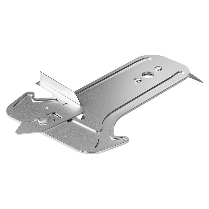 Knauf Schnellabhänger Anker-Fix - Stahl, 1 Stk. - Ein detailliertes Bild einer glänzenden, silbernen Abkantvorrichtung, die ein präzises Biegen von Metall ermöglicht. Das Werkzeug ist ideal für professionelle Metallarbeiten.
