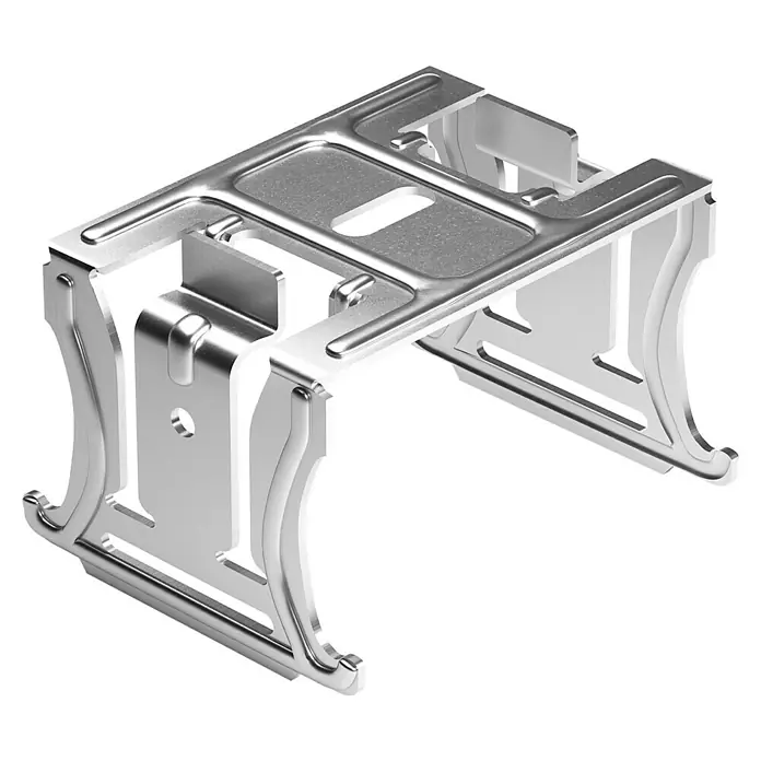 Knauf Kreuzverbinder - Stahl, 1 Stk. - Nahaufnahme eines silbernen Metall-Befestigungsclips mit einem sauberen und modernen Design, isoliert auf schwarzem Hintergrund.