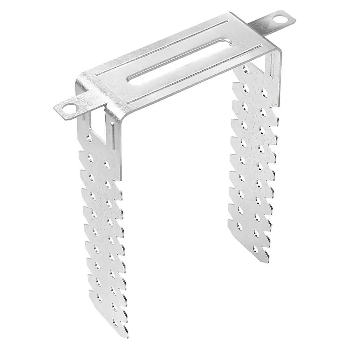Knauf Direktabhänger - Geeignet für: Holzlatten, 1 Stk. - Produktabbildung einer Metallhalterung mit gezackten Seiten und Löchern, ideal für Befestigungen.