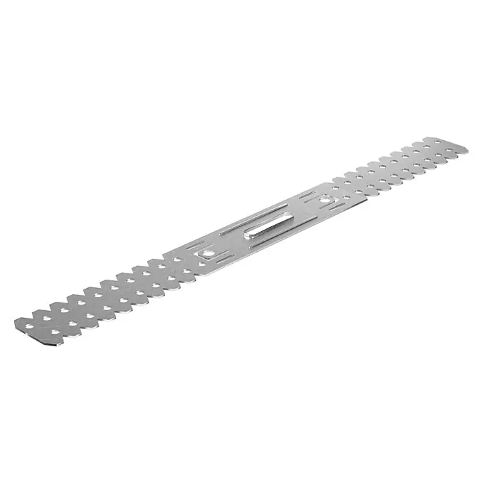 Knauf Direktabhänger - Geeignet für: Holzlatten, 1 Stk. - Nahaufnahme eines silberfarbenen Metallbands mit Zackenkanten und Löchern, ein vielseitiges Befestigungselement.