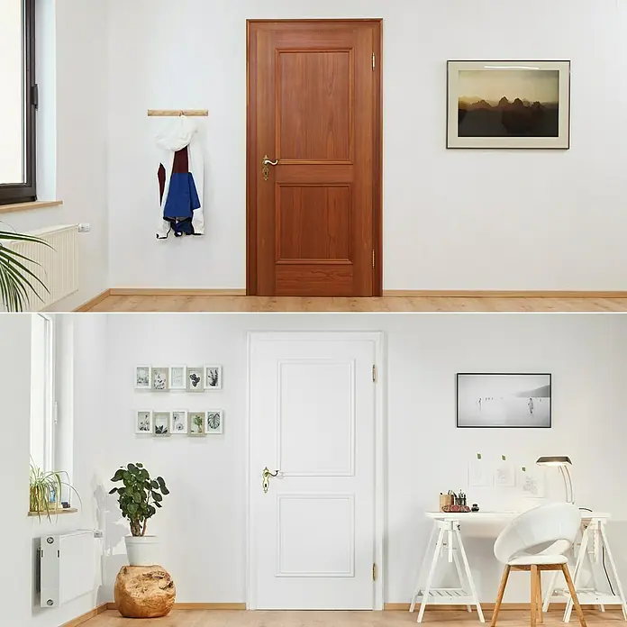 swingcolor Fenster- & Türenlack Acryl - Weiß, Seidenmatt, 2,5 l, Wasserbasiert - Zwei Innentüren im Vergleich: Eine braune Holztür und eine moderne weiße Tür. Beide Türen sind mit goldenen Türgriffen ausgestattet.