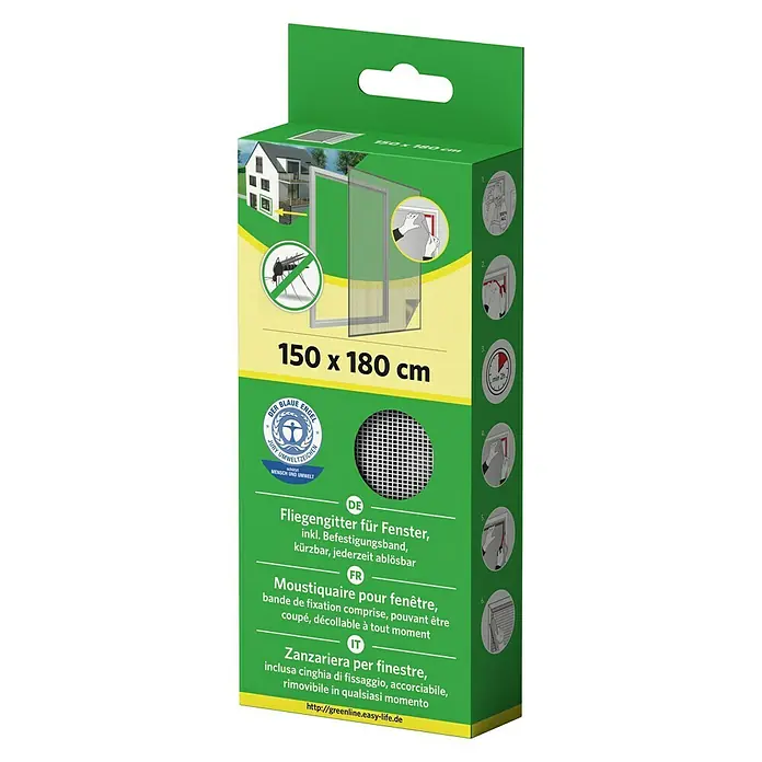 Easy Life Insektenschutzfenster - B x H: 180 x 150 cm, Farbe Netz: Weiß, Montage Insektengitter: Ankletten, Kürzbar - Produktverpackung eines Fliegengitters für Fenster, 150 x 180 cm, mit Montageband, kürzbar und ablösbar.