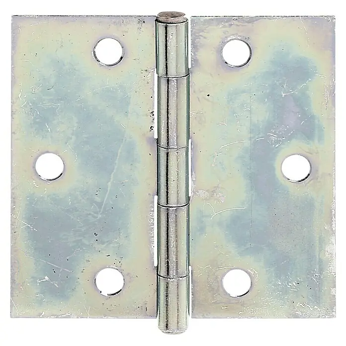 Stabilit Scharnier - 80 x 80 mm, Verzinkt, Silber - Nahaufnahme eines verzinkten Türbandes mit abgerundeten Ecken, das die Mechanik und das Metallfinish des Scharniers hervorhebt.