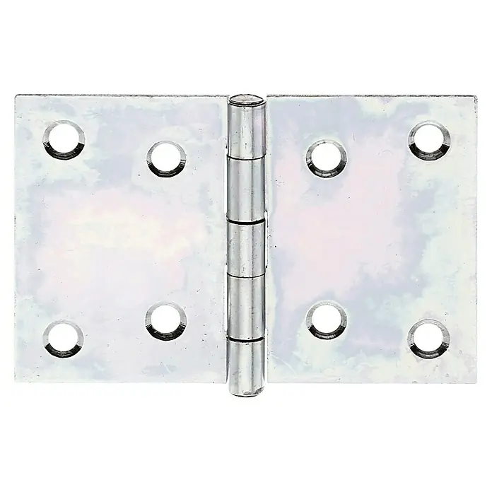 Stabilit Bisagra - An x Al: 90 x 60 mm, Zincado - Una bisagra de puerta metálica brillante con ocho agujeros para los tornillos. La bisagra está centrada y bien visible en la imagen.