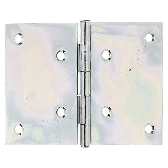 Stabilit Bisagra - An x Al: 150 x 100 mm, Zincado - Primer plano de una bisagra de puerta brillante de color plateado con seis orificios para tornillos a cada lado.