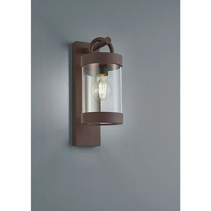 Trio Lighting Aplique exterior Sambesi - 28 W, L x An x Al: 12 x 12 x 33 cm, Óxido, E27 - Aplique de pared con vidrio cilíndrico transparente y acabado marrón rústico, ideal para espacios exteriores.