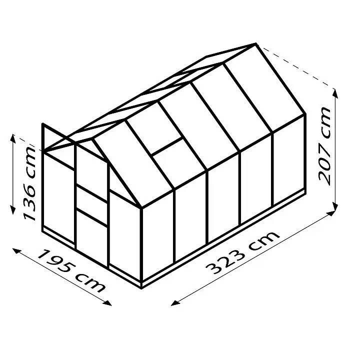 Vitavia Gewächshaus Eris 6200 - Außenmaß inkl. Dachüberstand (B x T): 195 x 323,2 cm, Material Seitenwand: Glas, 3 mm, Schwarz - Skizze