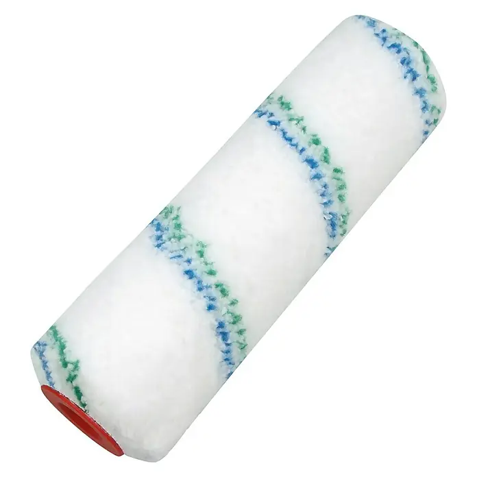 swingcolor Komfort Farbwalze - Breite Walze: 18 cm, Bügelstärke: 8 mm, Florhöhe: 18 mm - Nahaufnahme einer Farbwalze mit weißem Bezug und blauen und grünen Streifen, die zum präzisen Auftragen von Farbe auf Oberflächen dient.