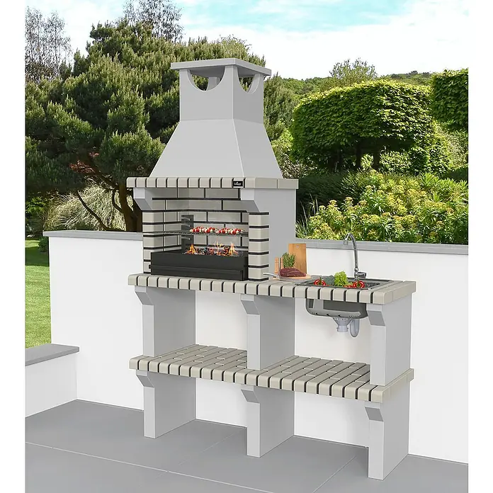 Collippo Vagos Barbacoa de obra con fregadero - An x Pr x Al: 136 x 47 x 196 cm, Superficie parrilla: 55 x 35 cm, Gris - Una barbacoa de jardín de ladrillo con fregadero y almacenamiento integrados, perfecta para experiencias culinarias al aire libre.