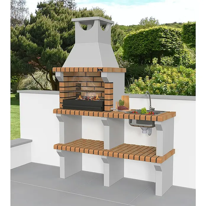Collippo Vagos Barbacoa de obra con fregadero - An x Pr x Al: 136 x 47 x 196 cm, Superficie parrilla: 55 x 35 cm, Marrón - Imagen de una barbacoa de exterior de ladrillo con fregadero y superficie de trabajo, perfecta para experiencias culinarias al aire libre.