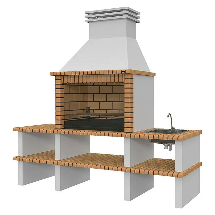 Collippo Nisa Barbacoa de obra con fregadero - An x Pr x Al: 259 x 80,5 x 260 cm, Superficie parrilla: 97 x 60 cm, Naranja - Imagen de una unidad de cocina exterior con parrilla, fregadero y encimeras. Perfecto para experiencias culinarias al aire libre.