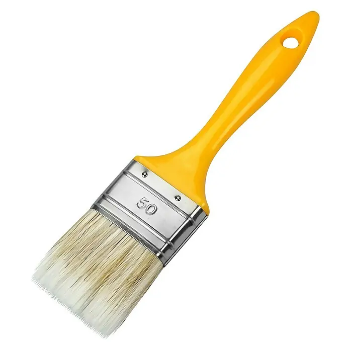 Flachpinsel Lack - Breite Borsten: 60 mm, Mischborsten, Kunststoff - Pinsel mit gelbem Griff und weißen Borsten, ideal zum Auftragen von Farbe auf verschiedenen Oberflächen. Werkzeug für Malerarbeiten.
