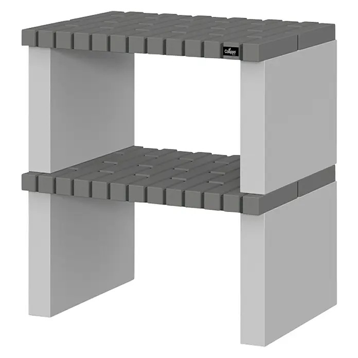 Collippo Alvor Mesa de barbacoa para barbacoa - L x An x Al: 81 x 47 x 86 cm, Gris oscuro - Una estantería gris Collipo de dos niveles estabilizada por bloques blancos ofrece una solución de almacenamiento elegante.