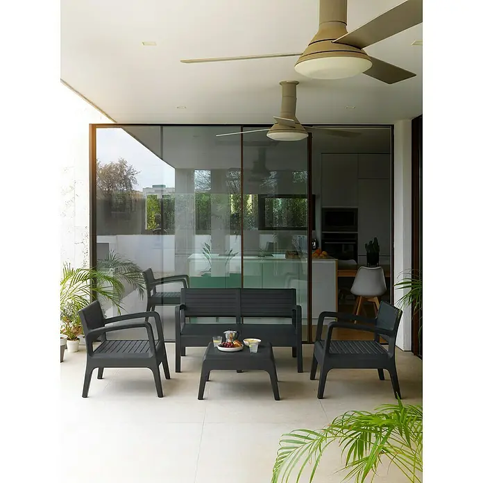 Shaf Conjunto de muebles Miami - 4 pzs., Polipropileno, Grafito - Moderno conjunto de muebles de jardín antracita con sofá, dos sillones y mesa, ideal para relajarse al aire libre.