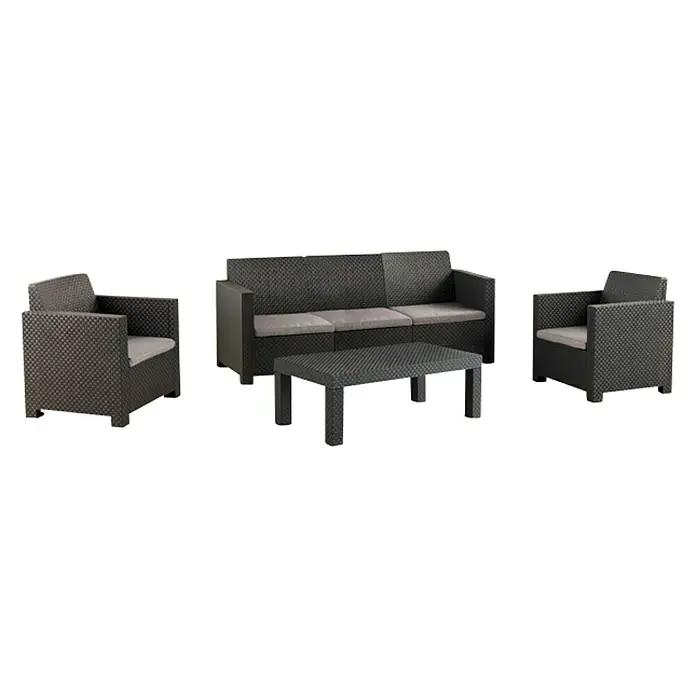 Shaf Conjunto de muebles Belice - 4 pzs., Polipropileno, Grafito - Conjunto de muebles de jardín de ratán: un sofá, dos sillones y una mesa con cojines grises para relajarse al aire libre.