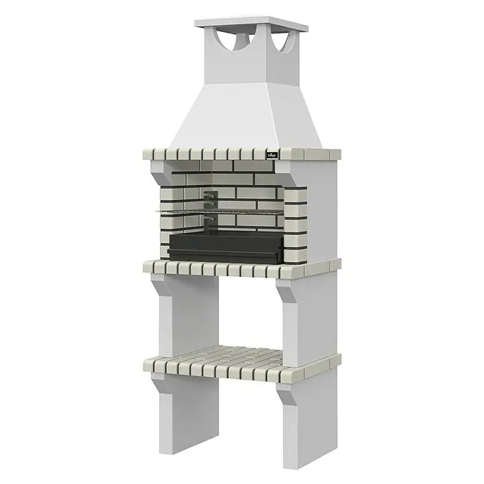 Collippo Vagos Barbacoa de obra - An x Pr x Al: 105 x 47 x 196 cm, Superficie parrilla: 55 x 35 cm, Gris - Esta imagen muestra una elegante barbacoa de piedra blanca con estantes de almacenamiento, perfecta para barbacoas de verano al aire libre.
