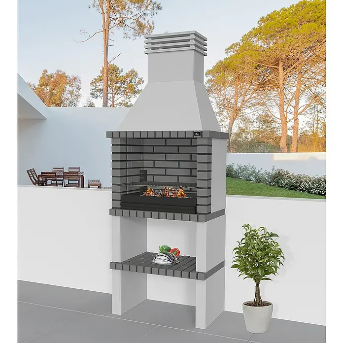 Collippo Alvor Barbacoa de obra - An x Pr x Al: 86 x 47 x 224 cm, Superficie parrilla: 64 x 38 cm, Hormigón, Gris oscuro - Barbacoa de obra gris para exterior con estante y zona de fuego, ideal para asados. Un elemento decorativo para el jardín o la terraza.