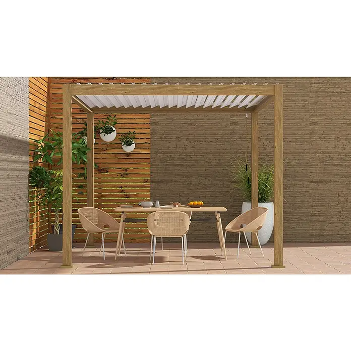 Pérgola estándar Tenerife - An x Pr: 300 x 300 cm, Marrón, Aluminio - Esta imagen muestra una pérgola con un comedor al aire libre, con mesa y sillas, complementado con plantas y paredes de madera.