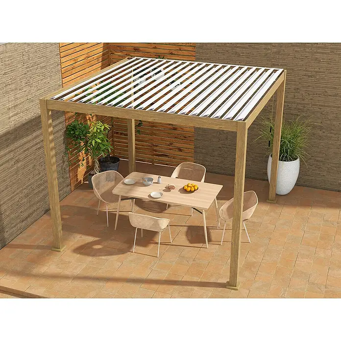 Pérgola estándar Tenerife - An x Pr: 300 x 300 cm, Marrón, Aluminio - Atractivo espacio al aire libre con una elegante pérgola, una mesa de comedor y cómodas sillas para disfrutar al aire libre.