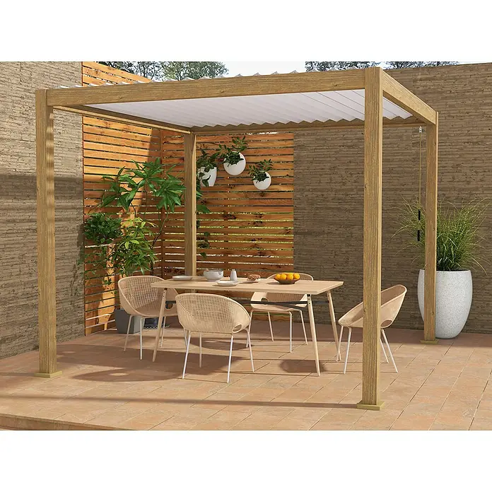 Pérgola estándar Tenerife - An x Pr: 300 x 300 cm, Marrón, Aluminio - Pérgola de madera con mesa y sillas en área exterior. La cubierta ofrece sombra para horas de relax en el jardín.