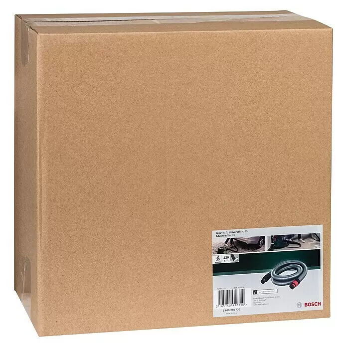 Bosch Saugschlauch antistatisch - Länge: 2,2 m, Durchmesser: 35 mm - Brauner Karton als Verpackung für einen Bosch Staubsaugerschlauch. Ein Etikett zeigt einen grauen Schlauch.