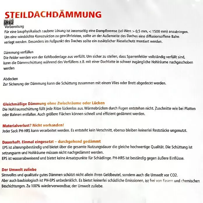 Hohlraumschüttung HRS 200 - 200 l, Polystyrol - Dokument mit Informationen zu PH-HRS Steildachdämmung, einem EPS-Schüttdämmstoff.
