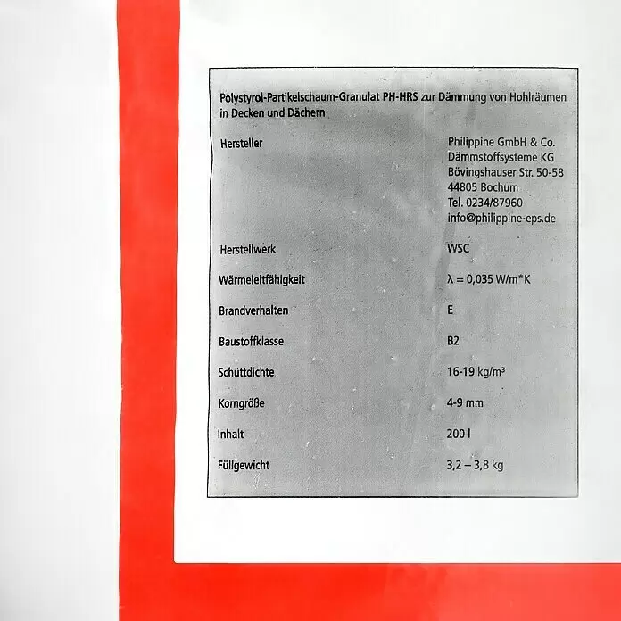 Hohlraumschüttung HRS 200 - 200 l, Polystyrol - Etikett für Polystyrol-Partikelschaum-Granulat (PH-HRS), ein Dämmmaterial für Hohlräume in Decken und Dächern.