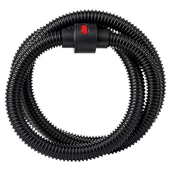Bosch Saugschlauch - Länge: 2 m, Durchmesser: 19 mm - Schwarzer flexibler Wellschlauch, kreisförmig aufgerollt, mit schwarzem Verbinder und rotem Knopf.