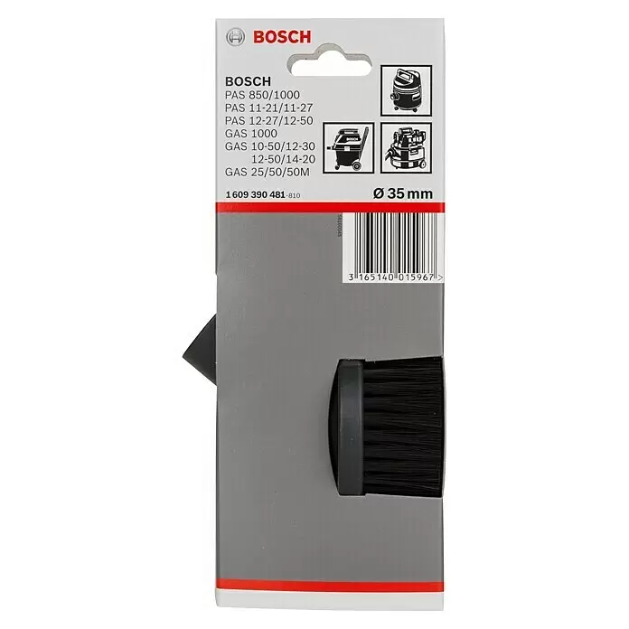 Bosch Rundbürstendüse - Durchmesser: 35 mm - Ein schwarzes Bosch Bürsten-Zubehör für Staubsauger, Ø 35 mm, in grauer und roter Kartonverpackung.