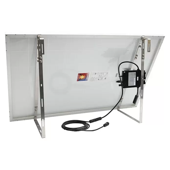 Sunset Balkonkraftwerk Sunpay 300 Plus - 0% MwSt. (gem. § 12 Abs. 3 UStG) - Monofazial, 300 W, L x B x H: 3,5 x 99,2 x 148 cm - Rückseite eines Solarmoduls mit silbernem Metall-Montagerahmen, schwarzer Anschlussdose und aufgerollten Verbindungskabeln.