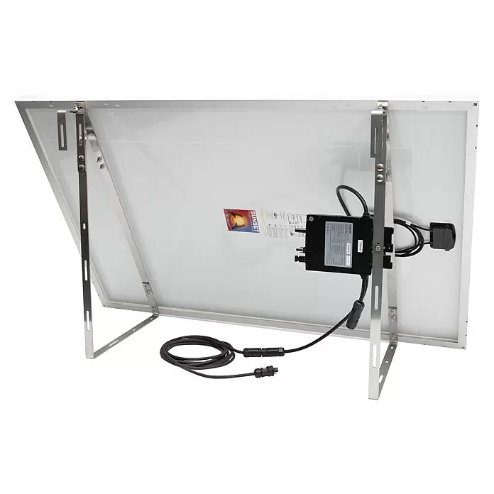 Sunset Balkonkraftwerk Sunpay 300 Plus - 0% MwSt. (gem. § 12 Abs. 3 UStG) - Monofazial, 300 W, L x B x H: 3,5 x 99,2 x 148 cm - Rückseite eines Solarpanels mit silbernen Montagehalterungen, schwarzer Anschlussdose und Kabeln.