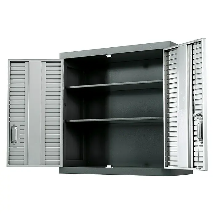 Wisent Hängeschrank - Max. Ladegewicht: 90 kg, Anthrazit - Ansicht eines geöffneten Metallschranks mit zwei Regalen und Lamellentüren. Ideal für Werkstatt oder Garage.