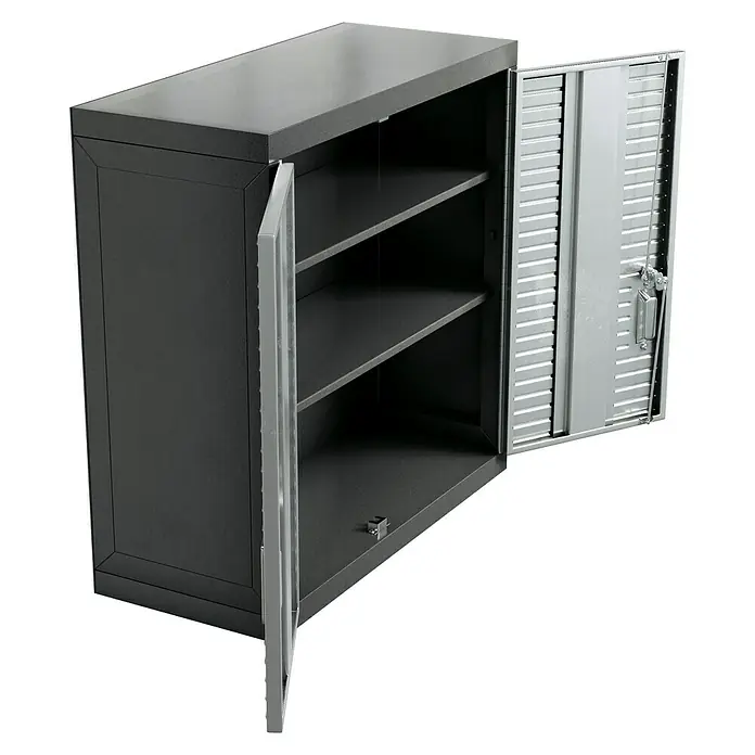 Wisent Hängeschrank - Max. Ladegewicht: 90 kg, Anthrazit - Metallschrank mit zwei Regalen und zwei Türen, eine geöffnet. Der Schrank ist dunkelgrau und hat eine robuste Bauweise.