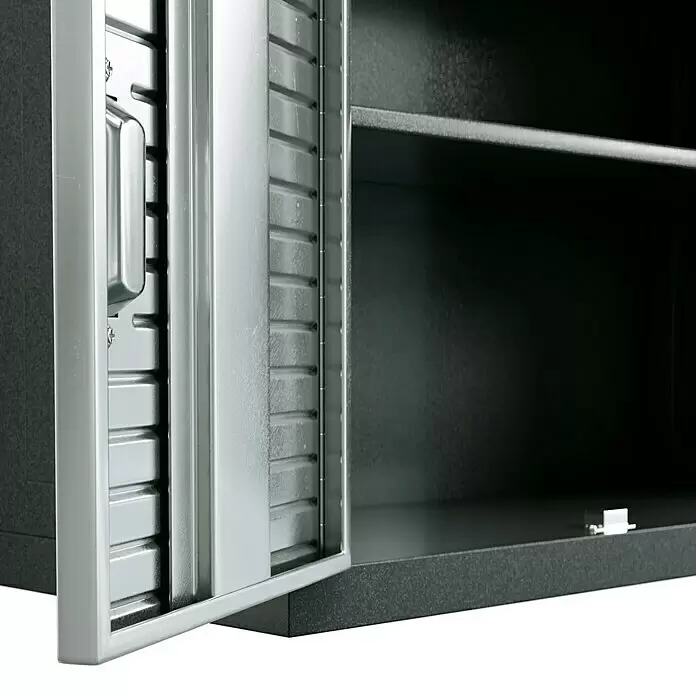 Wisent Hängeschrank - Max. Ladegewicht: 90 kg, Anthrazit - Dunkelgrauer Metallschrank mit offener silbergrauer Lamellentür, sichtbarem Griff und Innenregal.