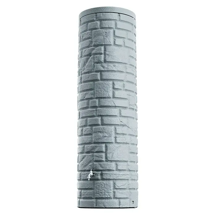 Arves Regenspeicher Arcado - 460 l, Granitfarben, 1 Stk. - Nahaufnahme eines grauen Regenspeichers in Steinoptik mit einem Wasserhahn unten für die Gartenbewässerung.