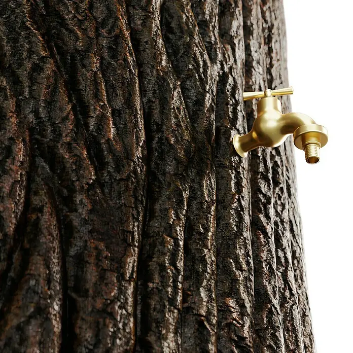 Arves Regenspeicher Evergreen - 475 l, Dunkelbraun, 1 Stk. - Nahaufnahme eines alten Baumes mit einem goldenen Wasserhahn, der aus dem Stamm ragt, um die Verbindung von Natur und Ressourcennutzung darzustellen.