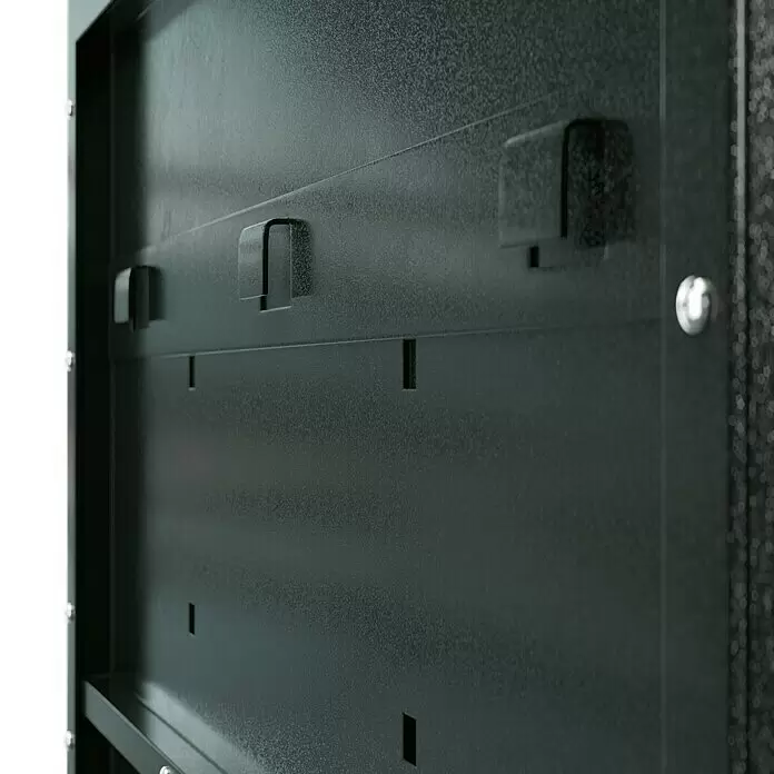 Wisent Hängeschrank - Max. Ladegewicht: 90 kg, Anthrazit - Dunkelgraue, texturierte Metallinnenseite eines Schranks/Tresors mit Haken, Schlitzen und einem kleinen Ablagefach.