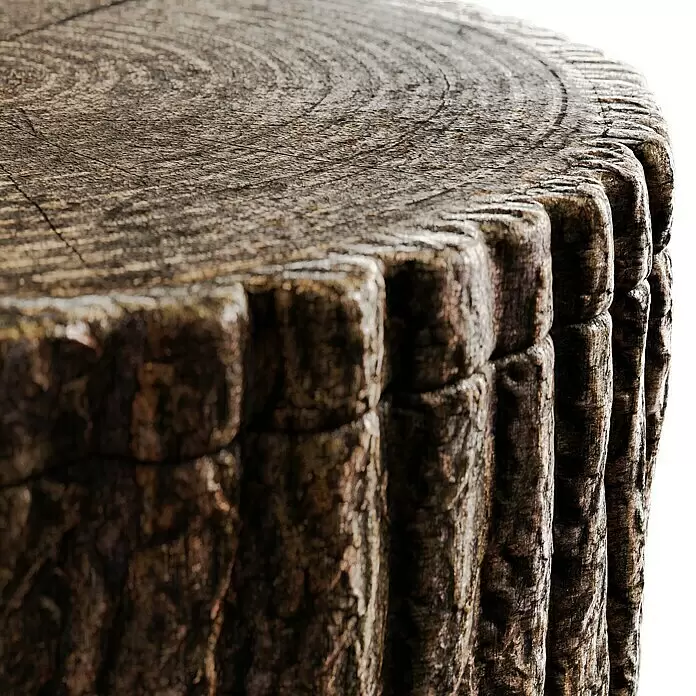 Arves Regenspeicher Evergreen - 475 l, Dunkelbraun, 1 Stk. - Nahaufnahme eines verwitterten Baumstumpfes, zeigt Jahresringe oben und raue Rinde an der Seite.