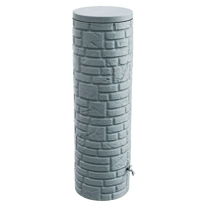 Arves Regenspeicher Arcado - 460 l, Granitfarben, 1 Stk. - Grauer Regenwassertank mit Steinmuster. Der Tank hat einen Wasserhahn und einen Deckel und fasst Regenwasser für Garten und Haushalt.