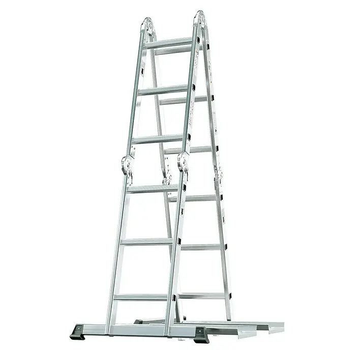 Escalera multiusos con plataforma - Número de peldaños: 12 ud., Altura de trabajo: 4,3 m, Carga soportada: 150 kg, Aluminio - Imagen de una escalera multiusos de aluminio en forma de A, que ofrece estabilidad y versatilidad para diversas tareas.