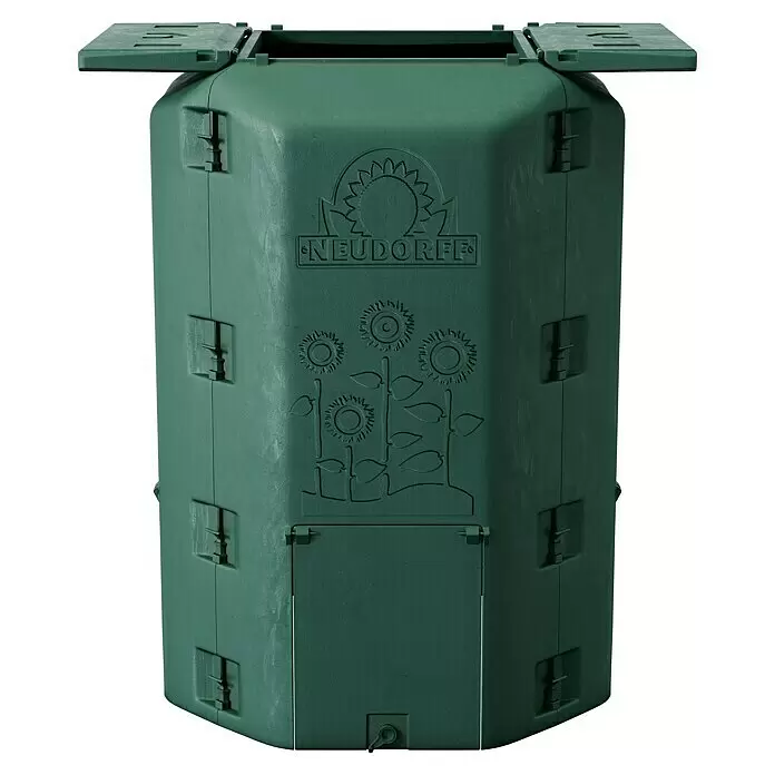 Neudorff Komposter DuoTherm 530 L - 530 l, 82 x 82 x 115 cm - Dunkelgrüner Komposter aus Kunststoff mit Klappdeckel und Frontklappe, mit Neudorff-Logo und Sonnenblumenmotiv.