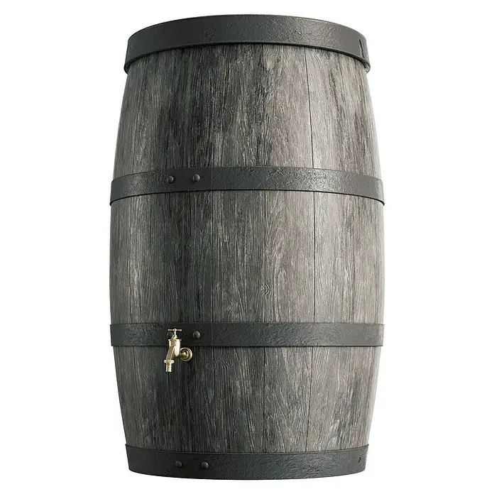 Arves Regenspeicher Burgund - 500 l, Dunkelbraun - Nahaufnahme eines dekorativen grauen Holzfasses mit Metallreifen und goldenem Hahn.