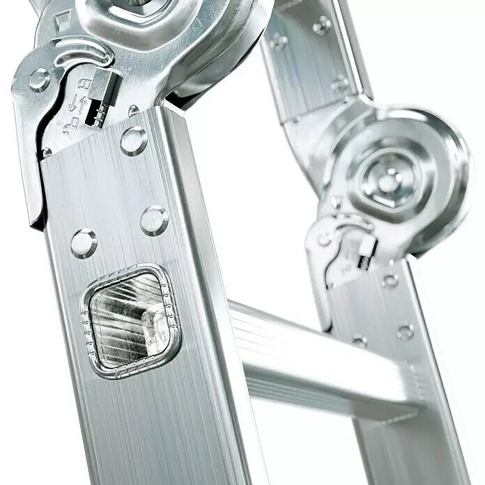 Mehrzweckleiter mit Plattform - Anzahl Tritte: 12 Stk., Arbeitshöhe: 4,3 m, Belastbarkeit: 150 kg, Aluminium - Nahaufnahme eines silber-grauen gebürsteten Aluminium-Mehrzweckleitergelenks und -holms mit sichtbarem Verriegelungsmechanismus.