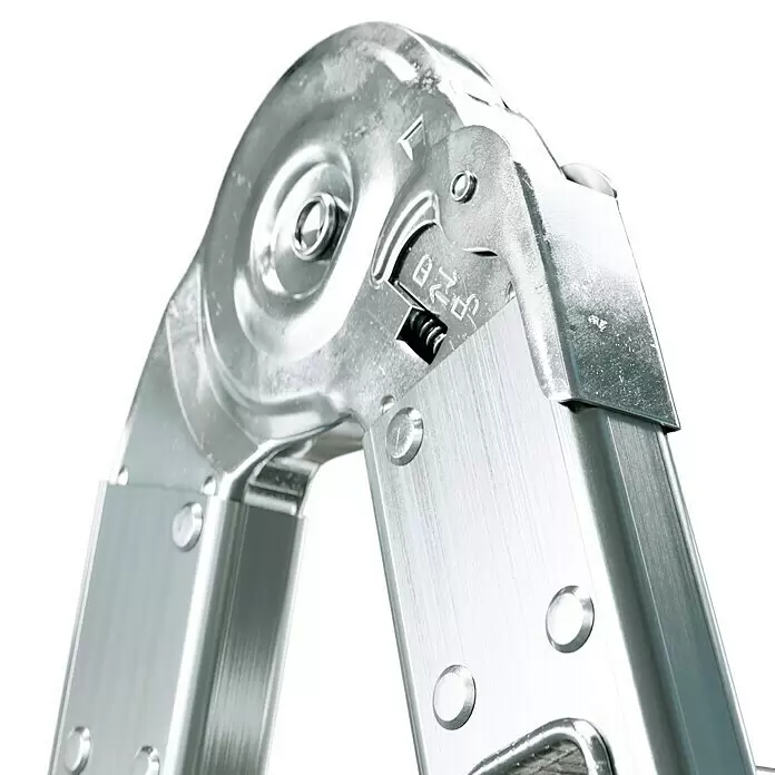 Mehrzweckleiter mit Plattform - Anzahl Tritte: 12 Stk., Arbeitshöhe: 4,3 m, Belastbarkeit: 150 kg, Aluminium - Nahaufnahme eines glänzenden silbernen Metall-Klappleiterscharniers mit Verriegelungssymbolen.
